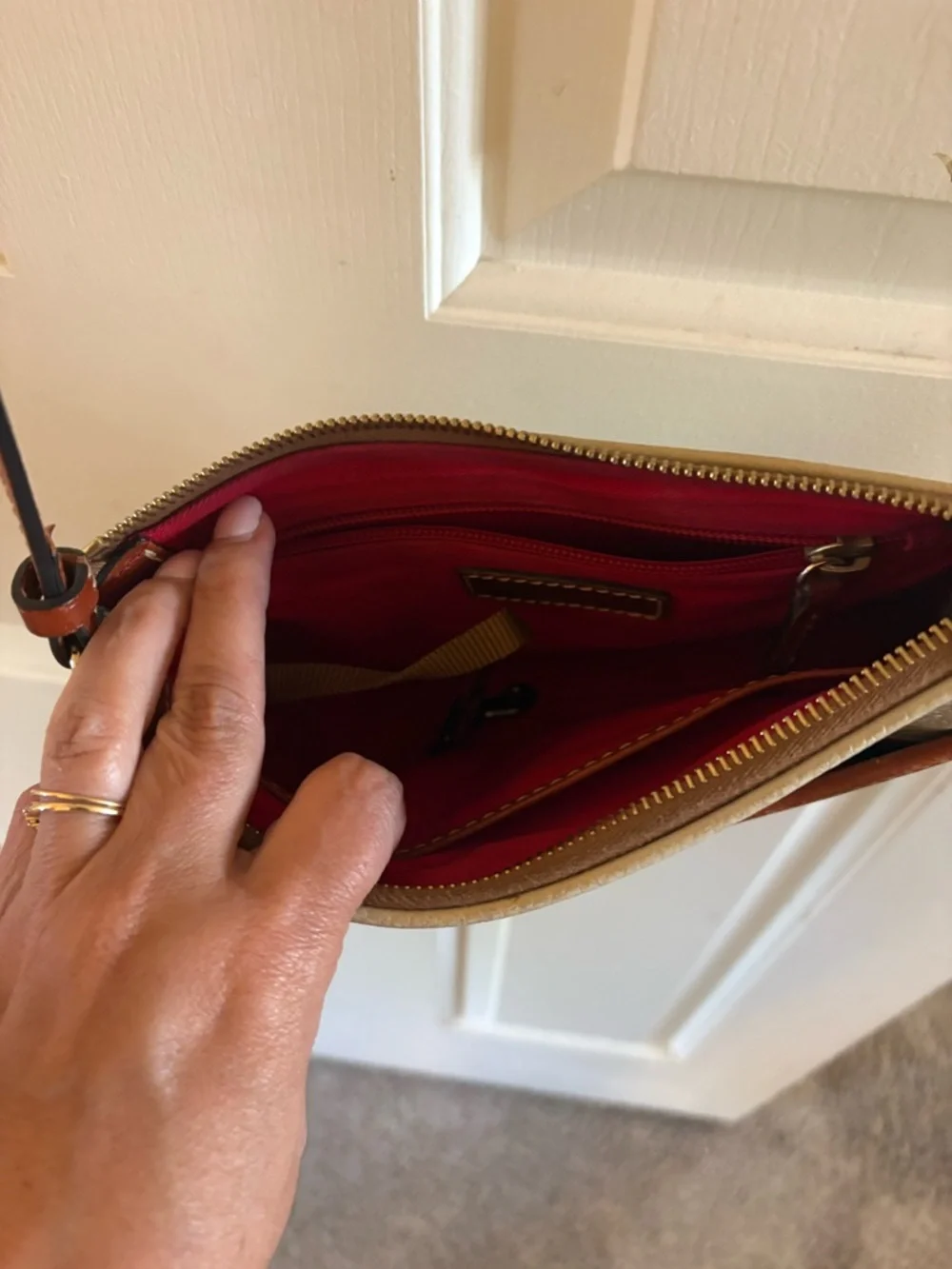 Dooney & Bourke Cream Pebble Leather Crossbody with Tan Trim - Picture 3 of 4